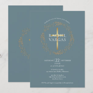 Baptism Christening Gold Cross Floral  Invitation