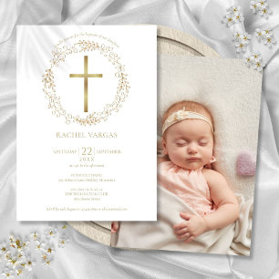 Baptism Christening Gold Cross Floral Photo Invitation