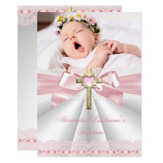 Baptism Christening Gold Cross Girls Pink 2 Invitation