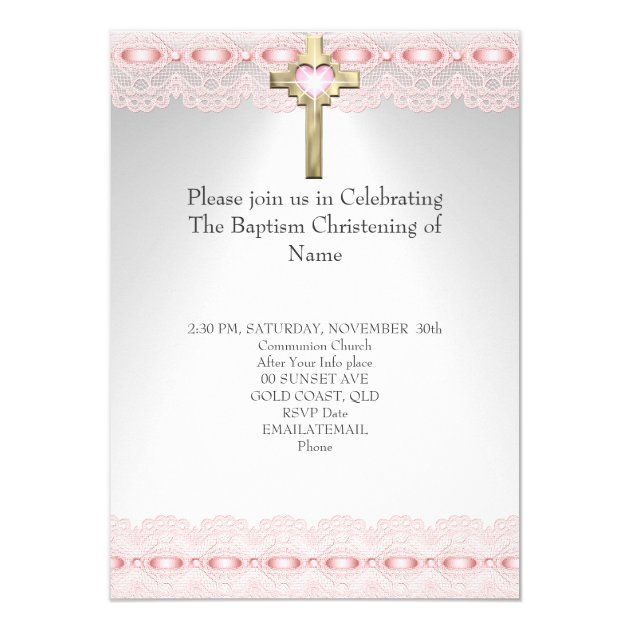 Baptism Christening Gold Cross Girls Pink 2 Invitation