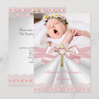Baptism Christening Gold Cross Girls Pink 2 Invitation