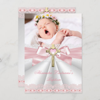 Baptism Christening Gold Cross Girls Pink 2 Invitation