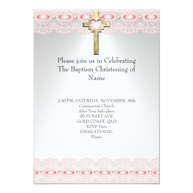 Baptism Christening Gold Cross Girls Pink Invitation