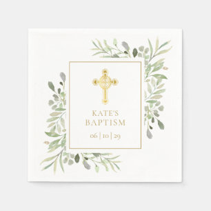 Baptism Christening Gold Cross Greenery Napkins