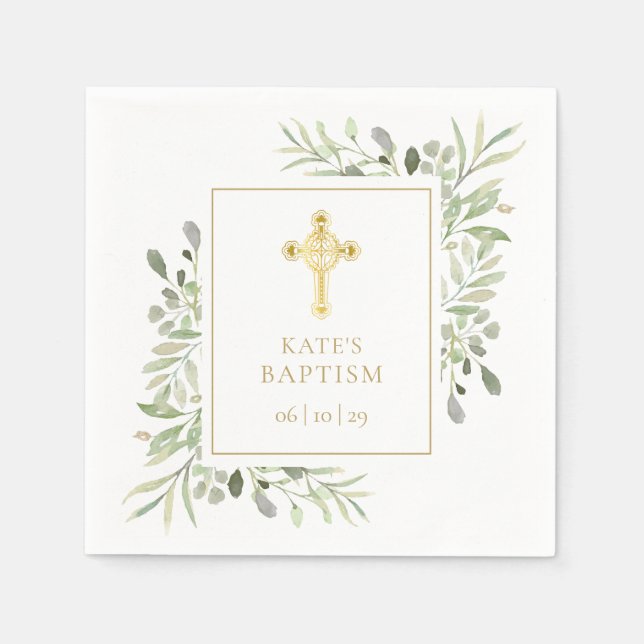 Baptism Christening Gold Cross Greenery Napkins (Front)