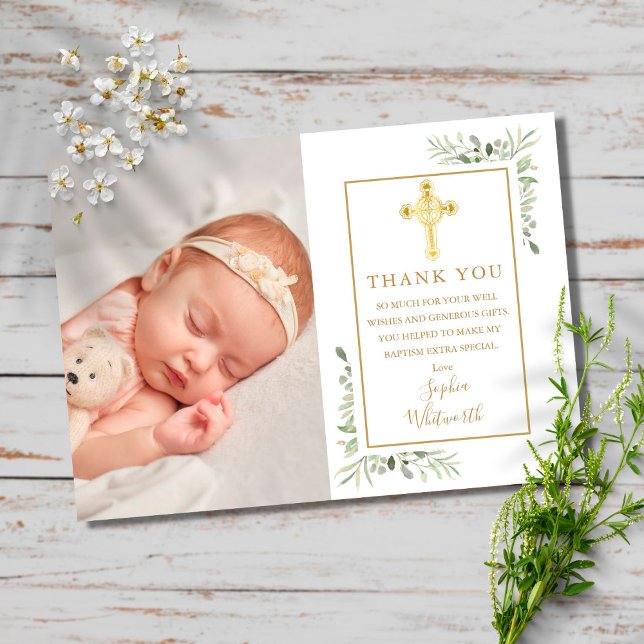 Baptism Christening Gold Cross Greenery Photo Postcard (Creator Uploaded)