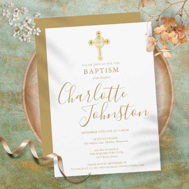 Baptism Christening Gold Cross Signature Script Invitation (Creator Uploaded)