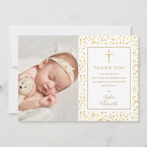 Baptism Christening Gold Hearts Confetti Photo Thank You Card