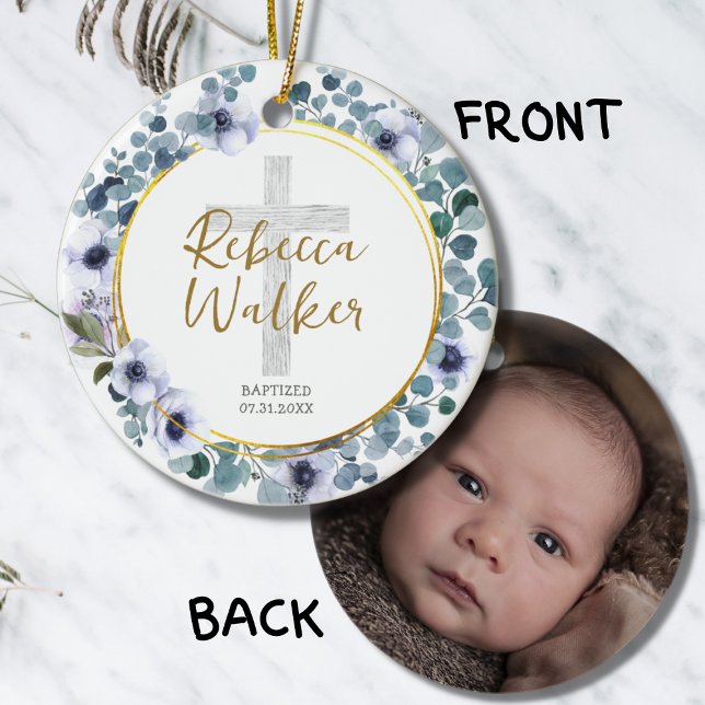 Baptism Christening Golden Blue Eucalyptus Flowers Ceramic Ornament (Creator Uploaded)