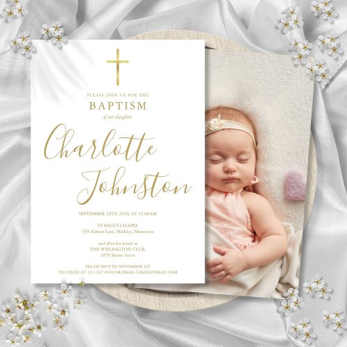 Baptism Christening Golden Signature Script Photo Invitation
