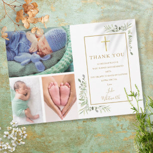 Baptism Christening Greenery 3 Photo Thank You Card