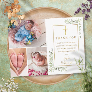 Baptism Christening Greenery 3 Photo Thank You Postcard