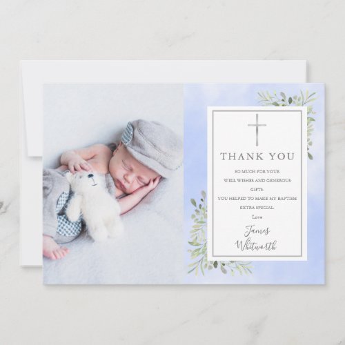 Baptism Christening Greenery Blue Watercolor Photo Thank You Card