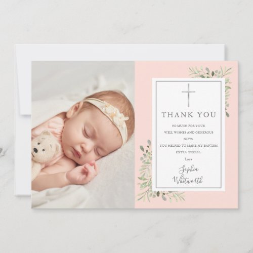 Baptism Christening Greenery Blush Pink Photo Thank You Card