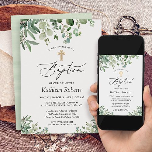 Baptism Christening  Greenery Eucalyptus Leaves Invitation