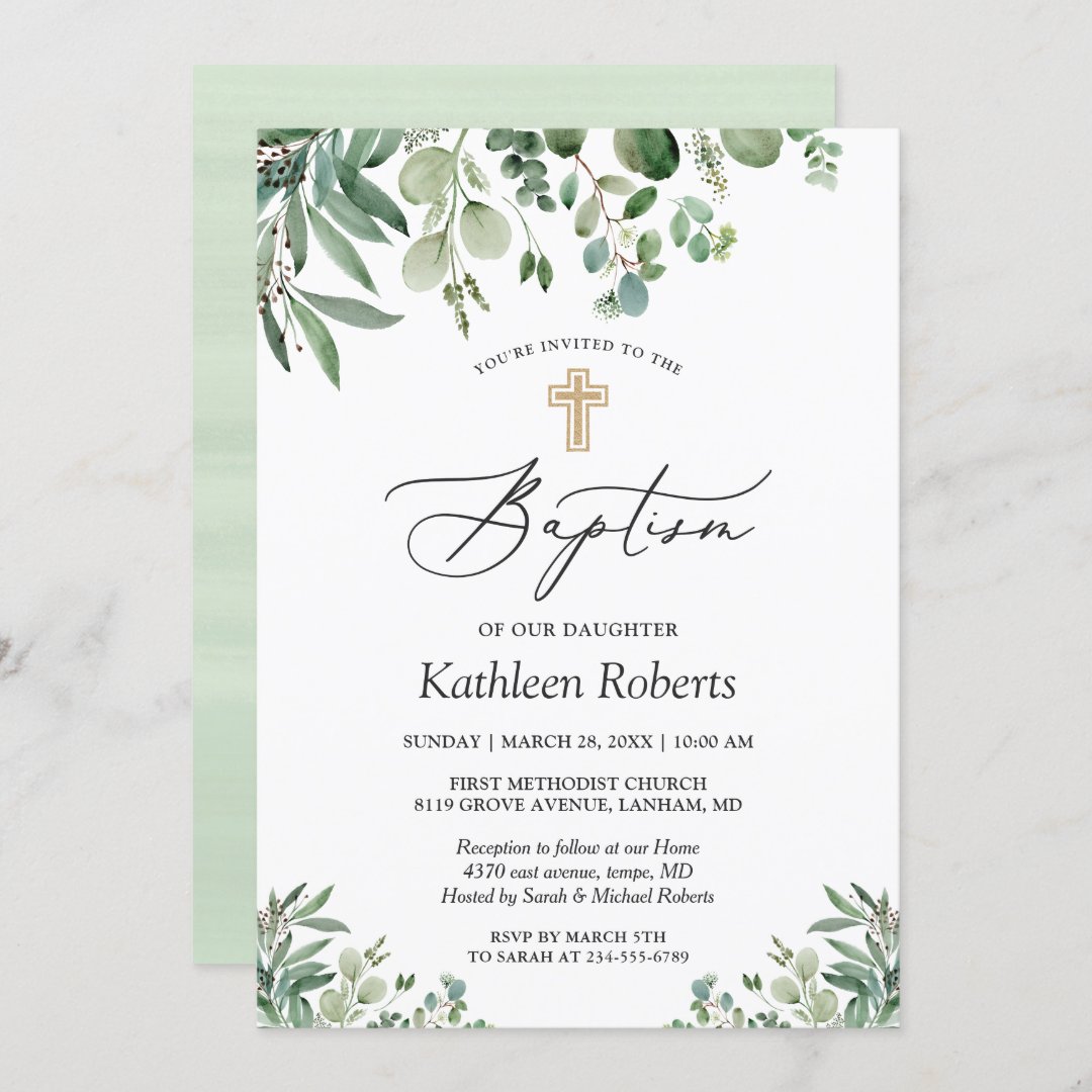 Baptism Christening | Greenery Eucalyptus Leaves Invitation | Zazzle