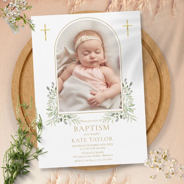 Baptism Christening Greenery Gold Arch Photo  Invitation (Creator Uploaded)