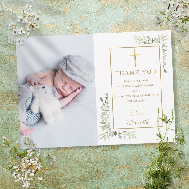 Baptism Christening Greenery Gold Cross Photo Thank You Card (Creator Uploaded)