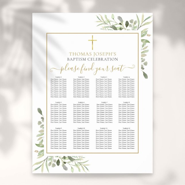 Baptism Christening Greenery Gold Seating Chart (Creator Uploaded)