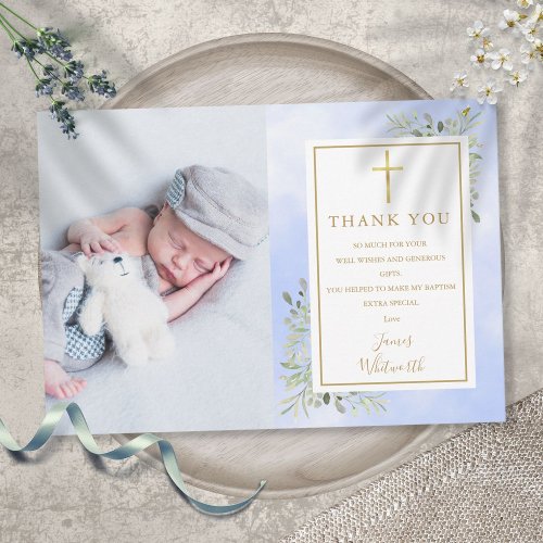 Baptism Christening Greenery Photo blue Watercolor Thank You Card