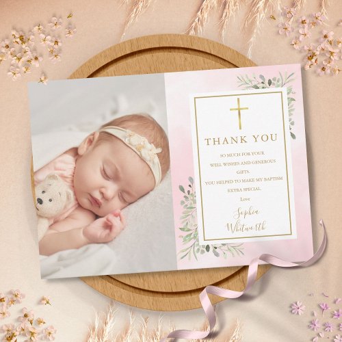 Baptism Christening Greenery Photo Pink Watercolor Thank You Card