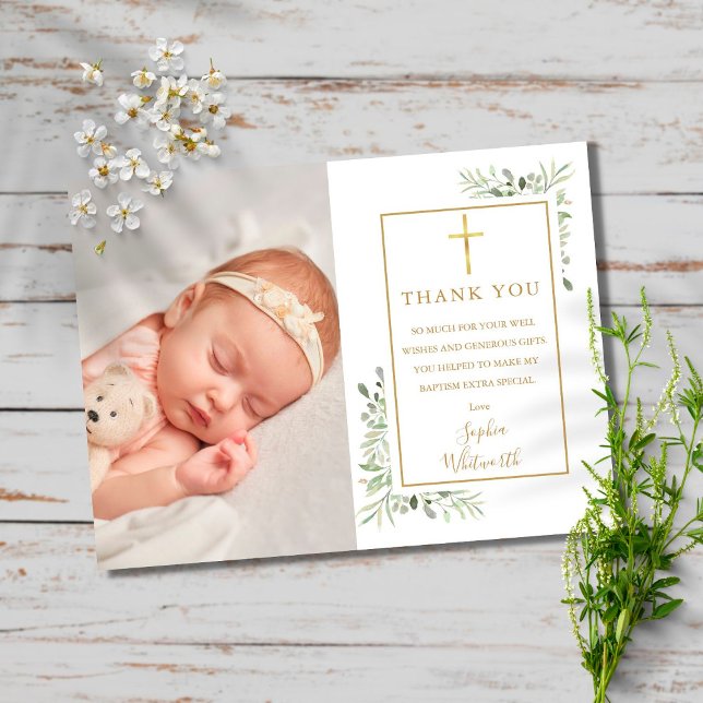 Baptism Christening Greenery Photo Thank You Postcard (Creator Uploaded)