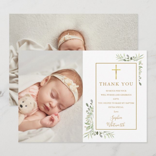 Baptism Christening Greenery Watercolor 2 Photo  Thank You Card (Front/Back)