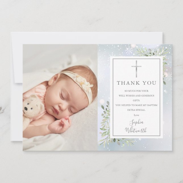 Baptism Christening Greenery Winter Photo Thank You Card (Front)