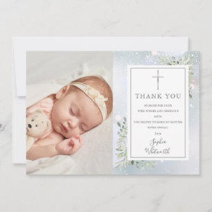 Baptism Christening Greenery Winter Photo Thank You Card