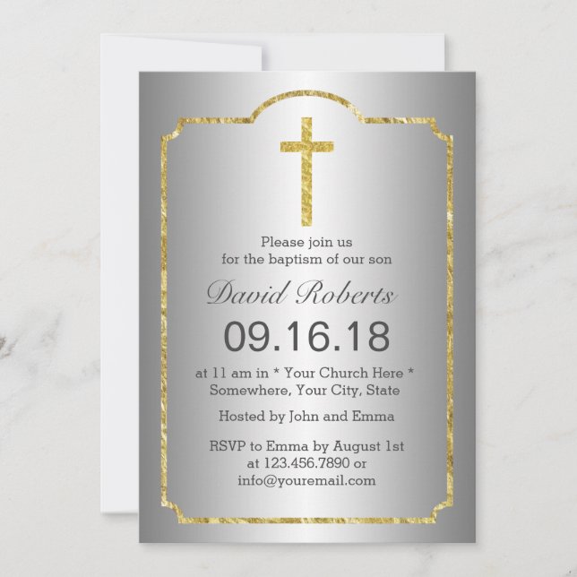 Baptism Christening Holy Cross Gold Framed Silver Invitation (Front)