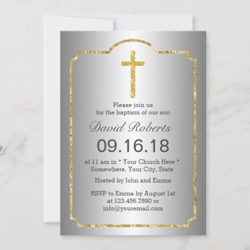 Baptism Christening Holy Cross Gold Framed Silver Invitation