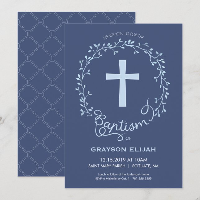 Baptism, Christening Invitation - Baby Boy Invite (Front/Back)