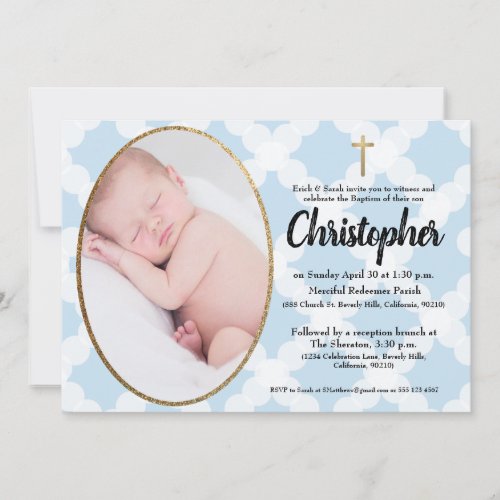 Baptism Christening invitation blue  gold