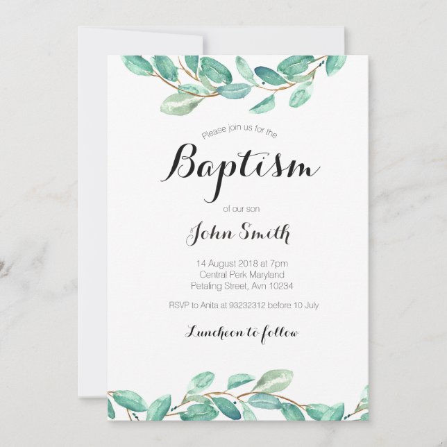 Baptism Christening Invitation Card Botanical (Front)