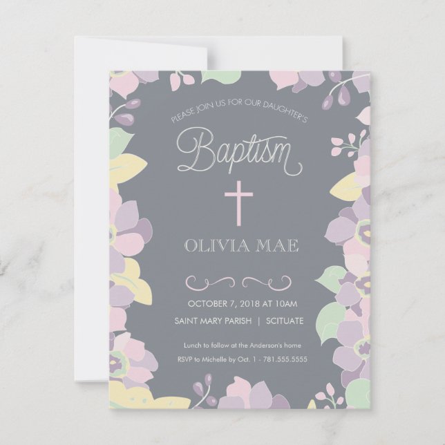 Baptism, Christening Invitation - Flowers & Cross (Front)