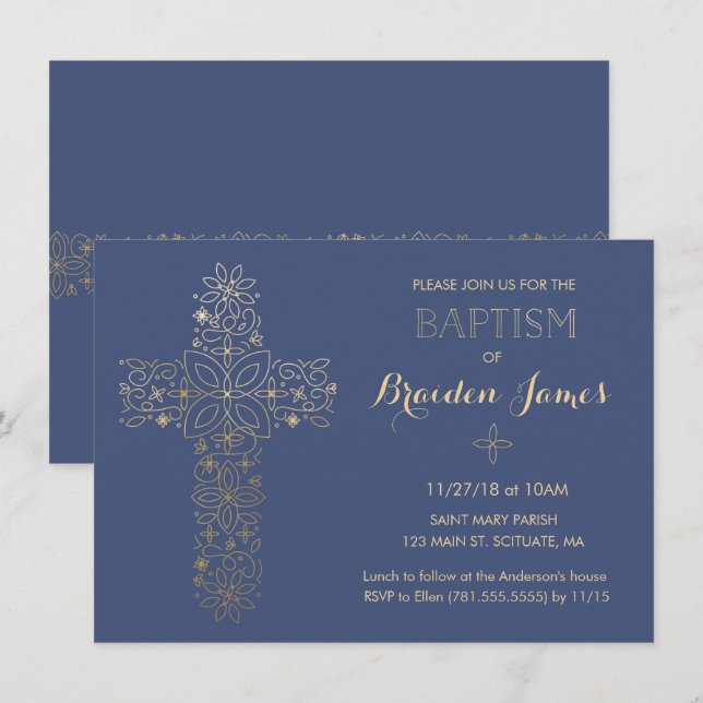 Baptism, Christening Invitation, Gold Cross Invite (Front/Back)