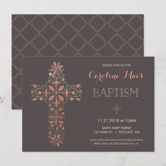 Baptism, Christening Invitation - Gold, Pink Cross (Front/Back)