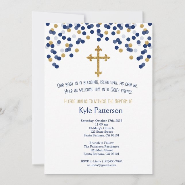 Baptism, Christening Invitation in Navy and Gold (Front)