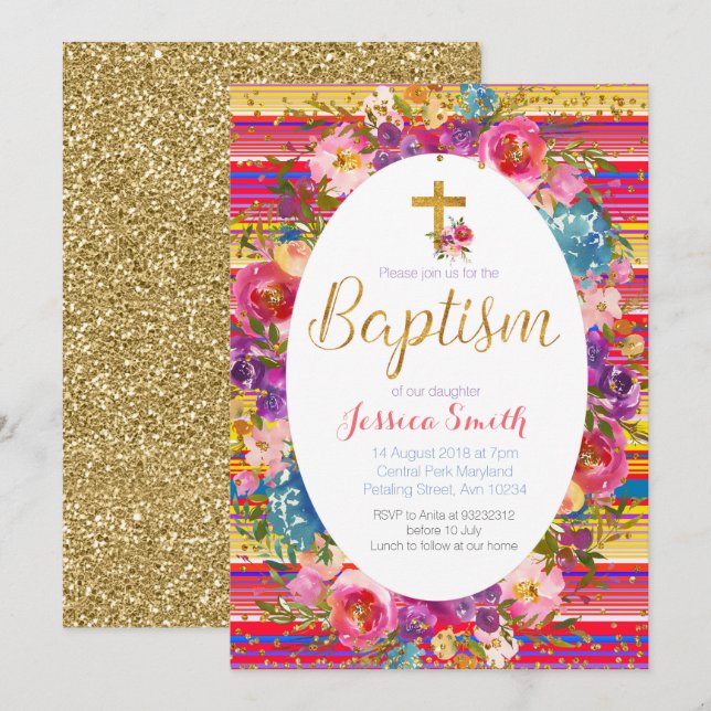 Baptism Christening Invitation Mexican Fiesta Gold (Front/Back)