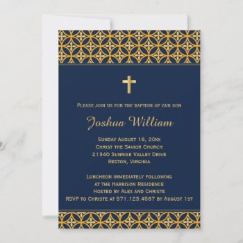 Baptism Christening Invitation Navy Blue Gold by OnceForAll at Zazzle