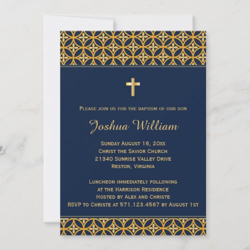 Baptism Christening Invitation Navy Blue Gold