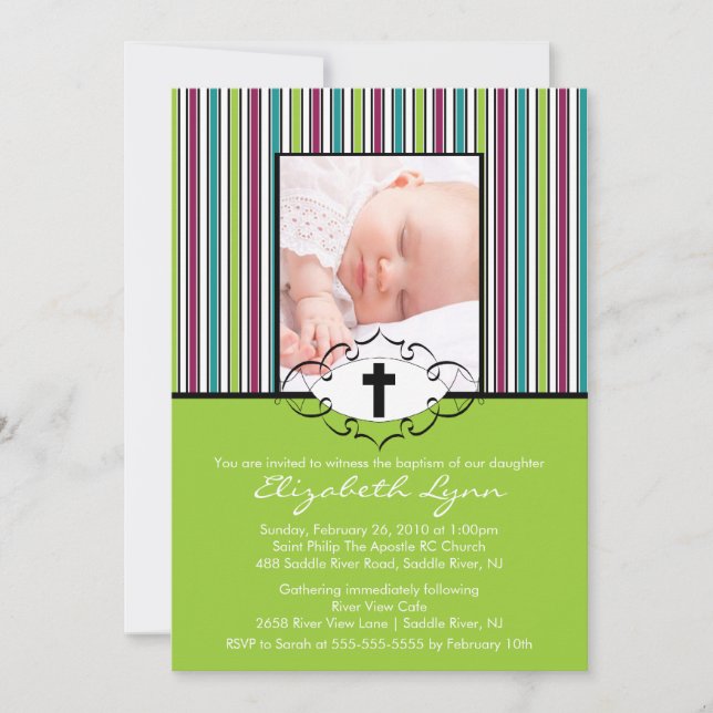Baptism Christening Invitation Photo Green Stripes (Front)