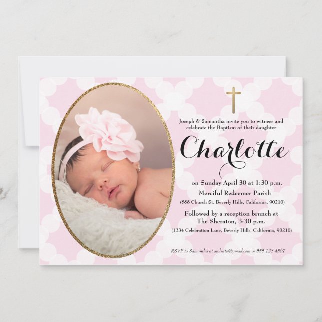 Baptism, Christening invitation, pink & faux gold Invitation (Front)