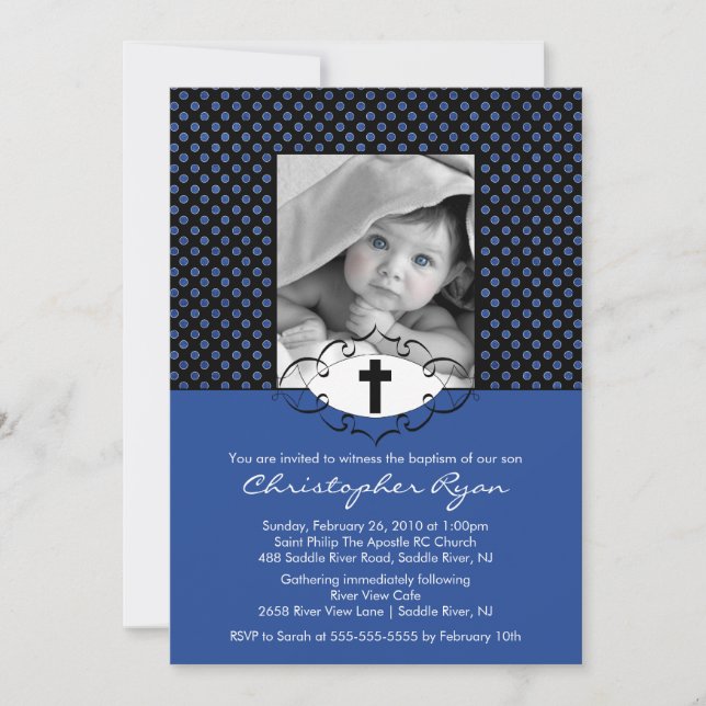 Baptism Christening Invitations Photo Blue & Black (Front)