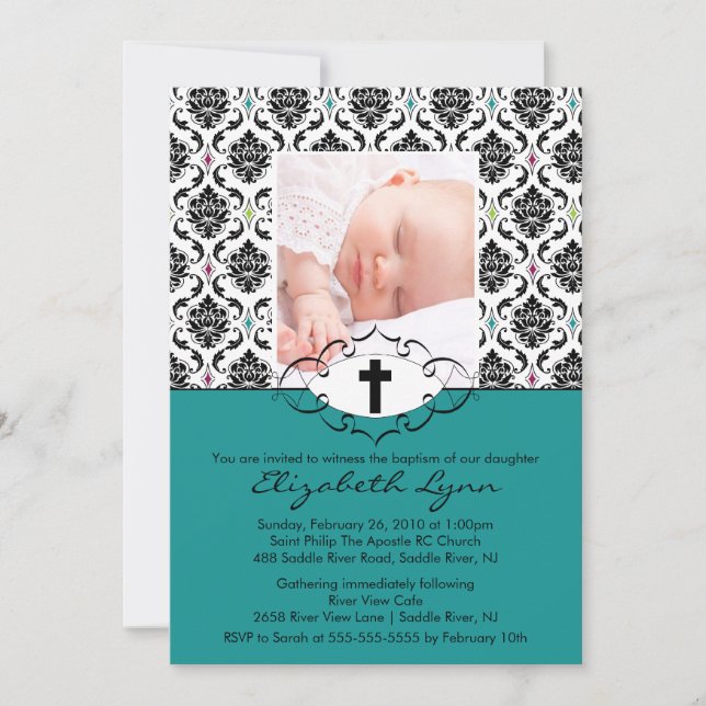 Baptism Christening Invitations Photo Damask (Front)