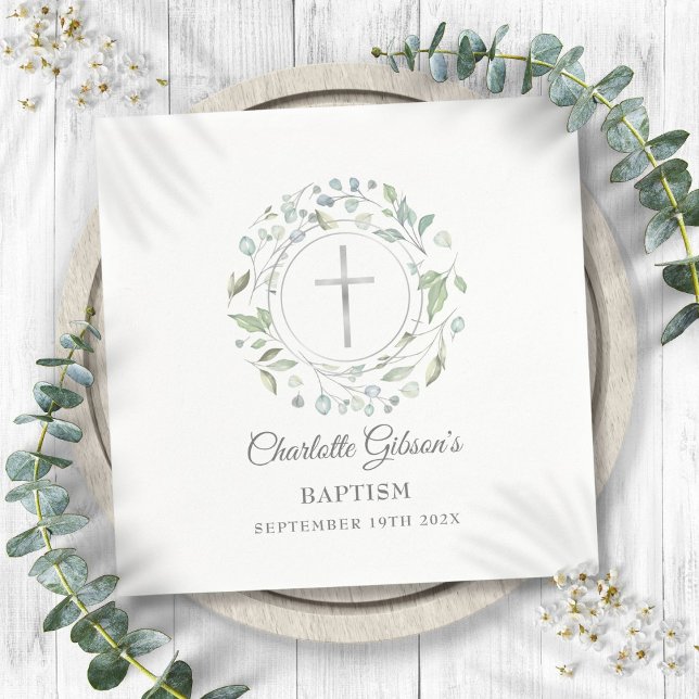 Baptism Christening Laurel Floral Silver Cross Napkins (Baptism Christening Laurel Floral Silver Cross Napkins)