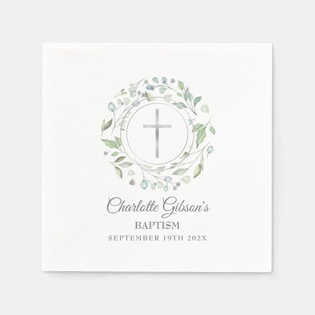 Baptism Christening Laurel Floral Silver Cross Napkins Zazzle