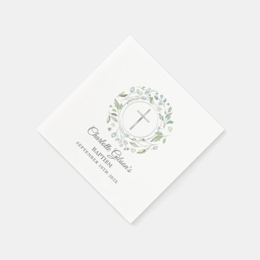 Baptism Christening Laurel Floral Silver Cross Napkins Zazzle