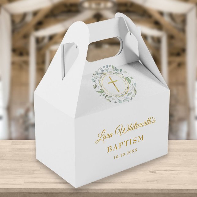 Baptism Christening Laurel Garland Gold Script Favor Boxes (Creator Uploaded)