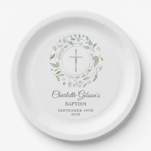 Baptism Christening Laurel Garland Silver Cross Paper Plates